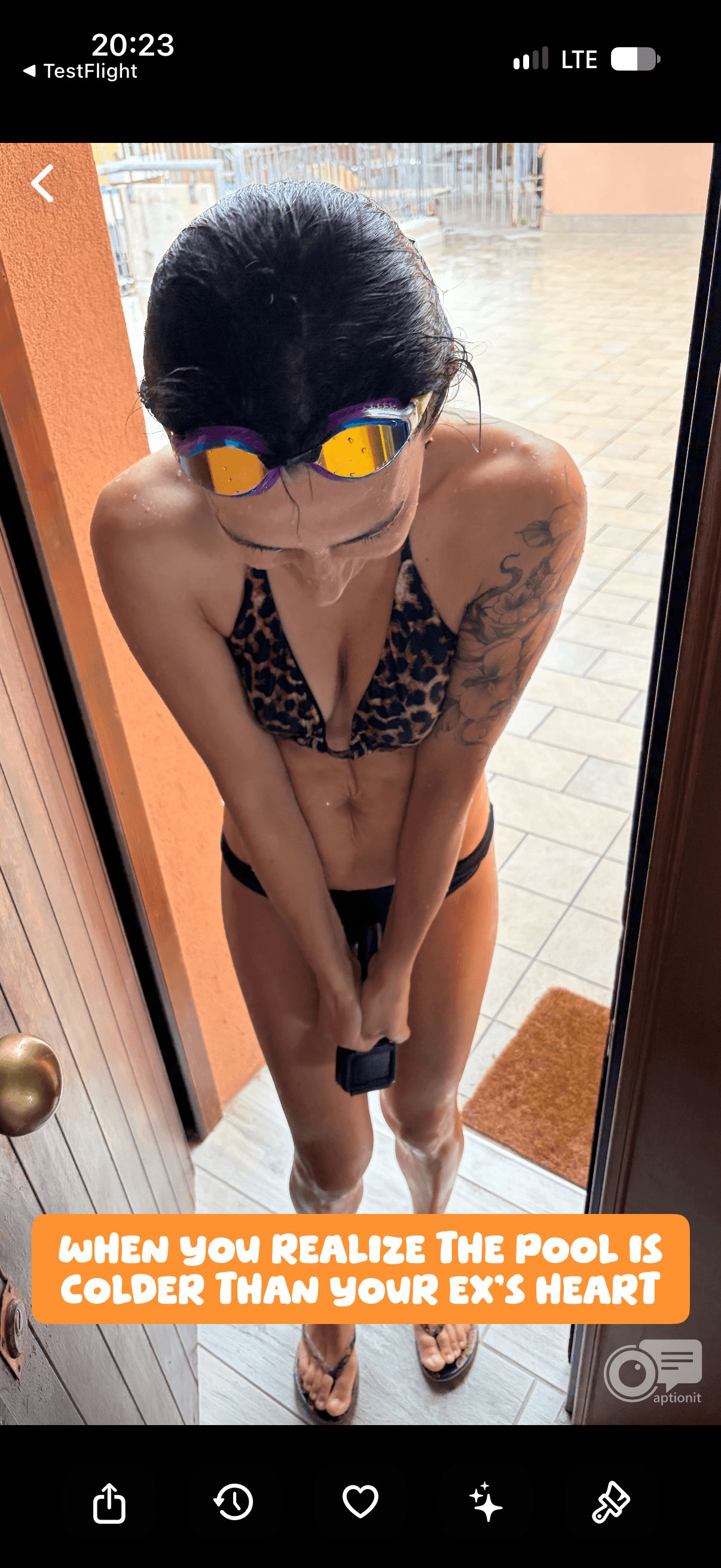 A photo with a bold orange caption: "When you realize the pool is colder than your ex's heart"