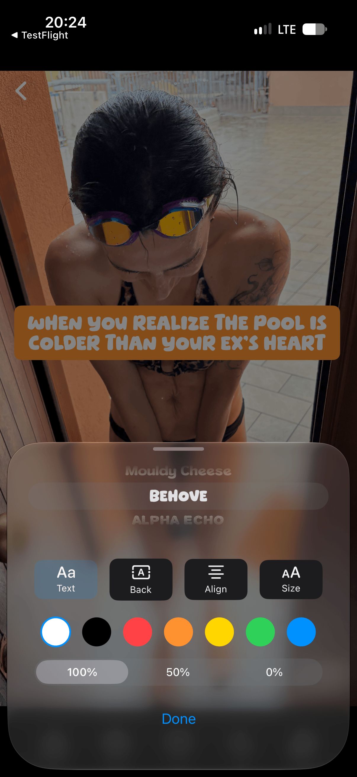 Font and style editor showing font choices, text colours and background opacity