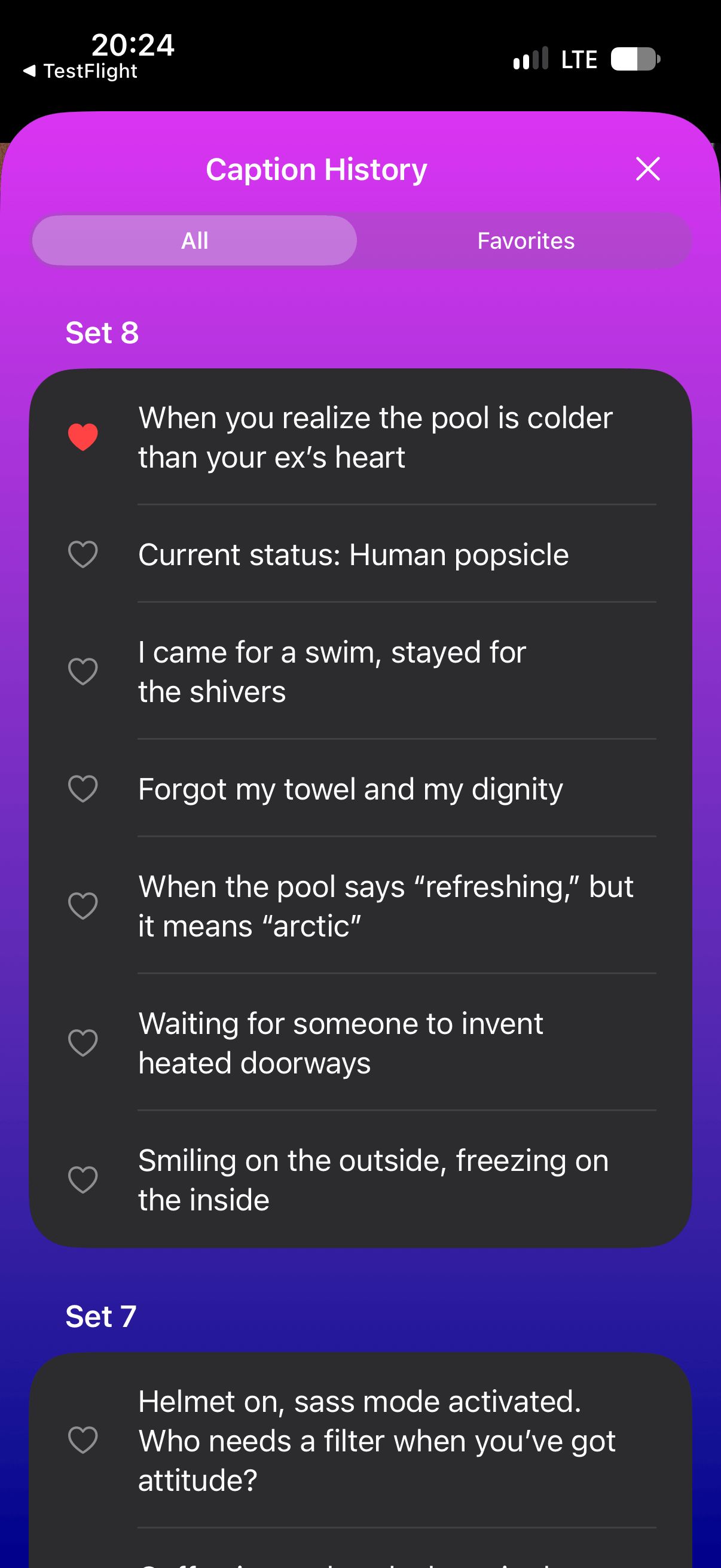 Caption history with a set of generated captions and one marked as favourite